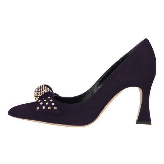 Dark Purple Studded Bow Pointed Toe Chunky Heel Pumps Shoes