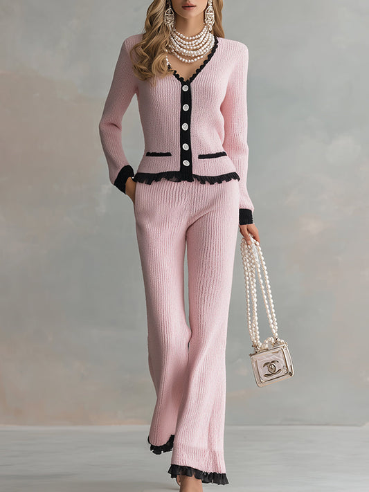 Elegant And Gentle Contrasting Trim Pink Button Sweater Wide-leg Pants Set