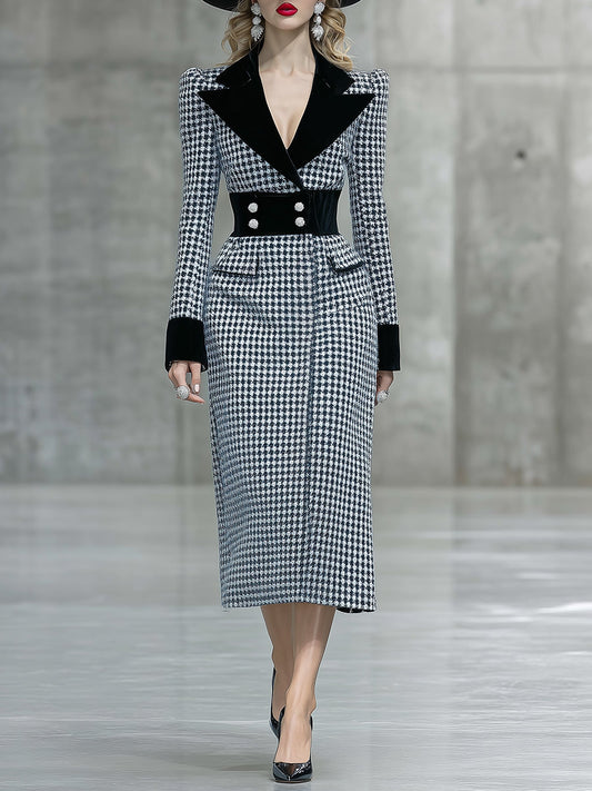Fashionable And Elegant Black Velvet Collar Houndstooth Midi Dress