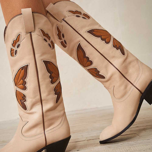Beige Round Toe Chunky Heel Butterfly Inlay Mid-Calf Cowgirl Boots