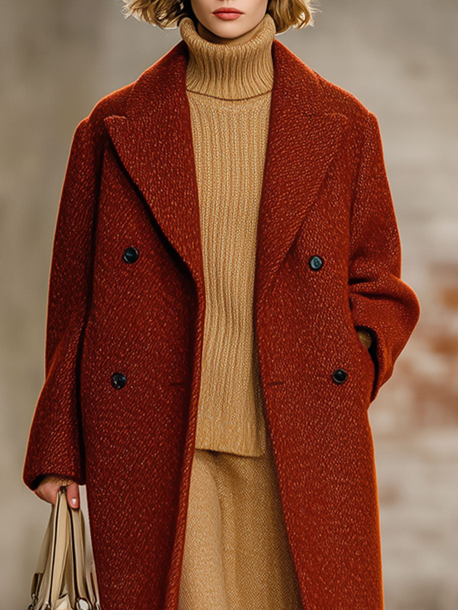 Fashionable Loose Retro Brick Red Woolen Long Coat