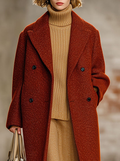 Fashionable Loose Retro Brick Red Woolen Long Coat