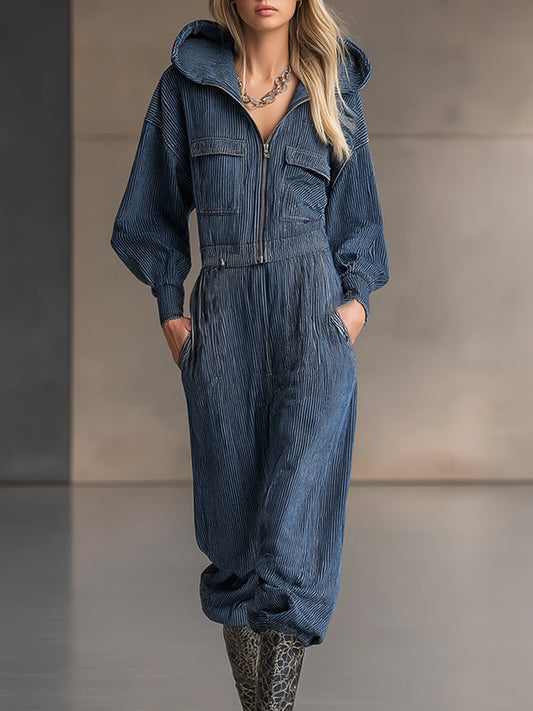 Fashionable Casual Blue Striped Denim Long-sleeved Wide-leg Jumpsuit
