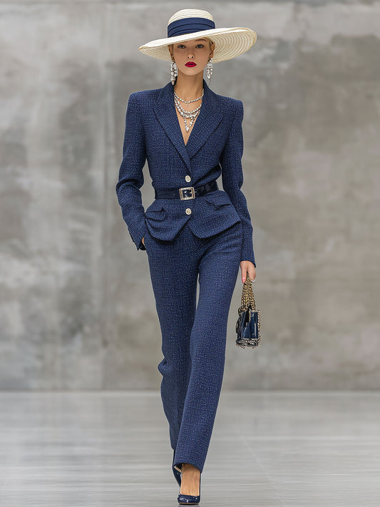 Elegant Vintage Blue Tweed Jacket And Pants Suit