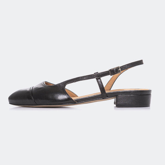 Almond Toe Low Block Heel Buckle Strap Slingback Shoes in Black