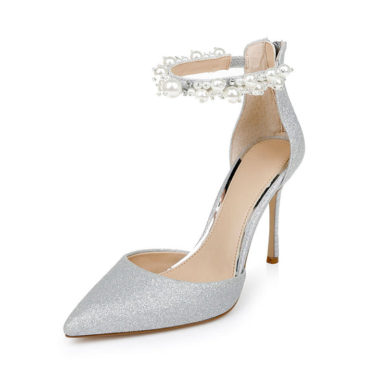 Glitter Pointed Toe Pearl Decor Ankle Strap Stiletto Heel Silver Pumps
