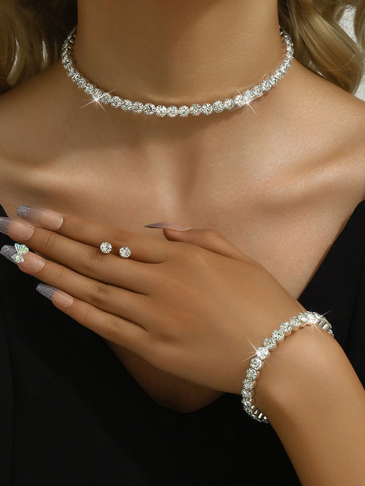 Elegant Rhinestone Choker & Earrings & Bracelet 3Pcs Set