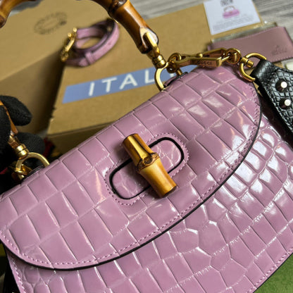 gg Bamboo 1947 Crocodile Top Handle Bag Pink For Women, Women&#8217;s Bags 10.2in/26cm gg