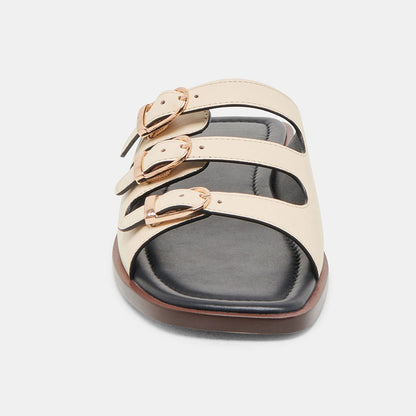 Elegant Beige Faux Leather Square Toe Slide Flat Summer Sandals