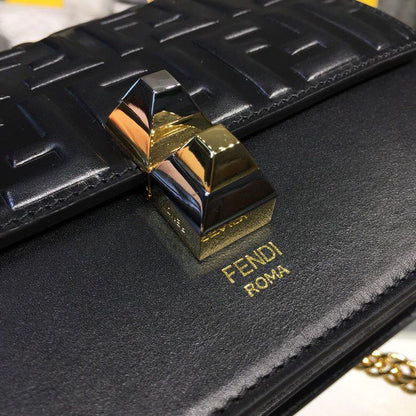 FI FF Logo Kan I Bag 9.8in/25cm With Gold Toned Chain Black For Women