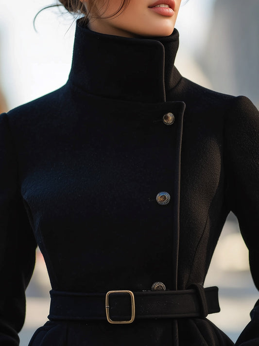 Elegant Black Belted Wool Blend Coat