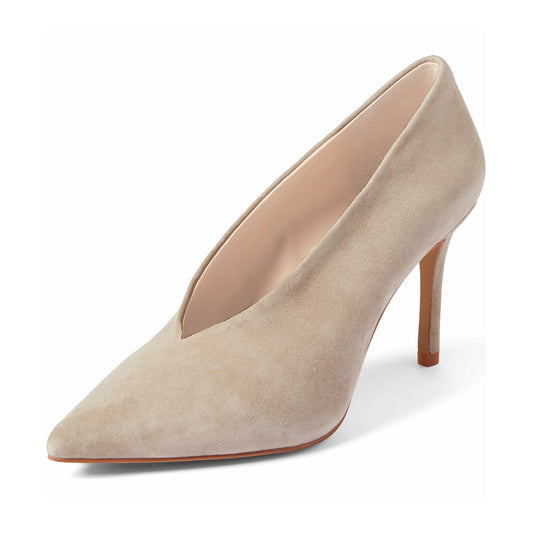 Beige Faux Suede Pointed Toe 3'' Stiletto Heel Pumps