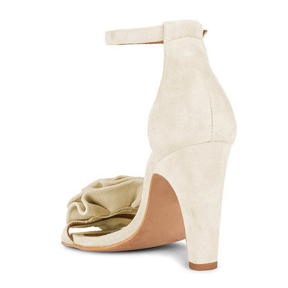 Beige Round Toe Buckle Ankle Strap Women's Heel Sandals with Flower