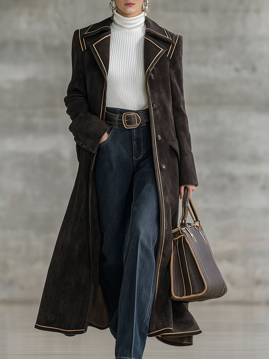 Fashionable Retro Web-Trimmed Cocoa Brown Faux Suede Long Coat