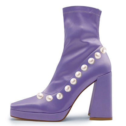 Elegant Purple Square Toe Pearl Decorated Platform Sock Booties