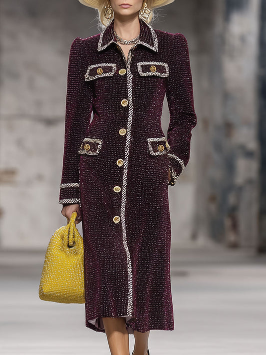 Fashion Retro Ribbon Trim Bright Silk Burgundy Velvet Long Coat
