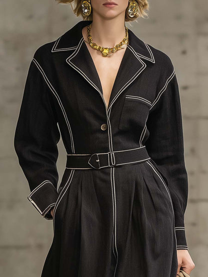 Exquisite Casual Western V-neck White Piping Black Cotton And Linen Windbreaker Style Maxi Dress