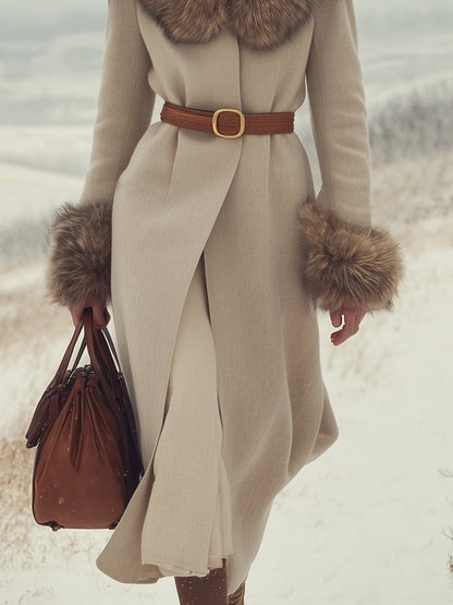 Elegant And Fashionable With Plush Trim Cuffs And Collar Beige Coat