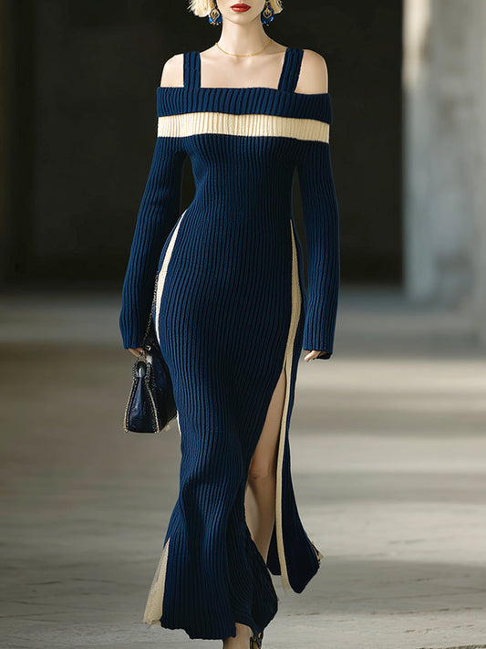 Elegant And Sophisticated Navy Blue Off-the-shoulder Long-sleeved Maxi Dress