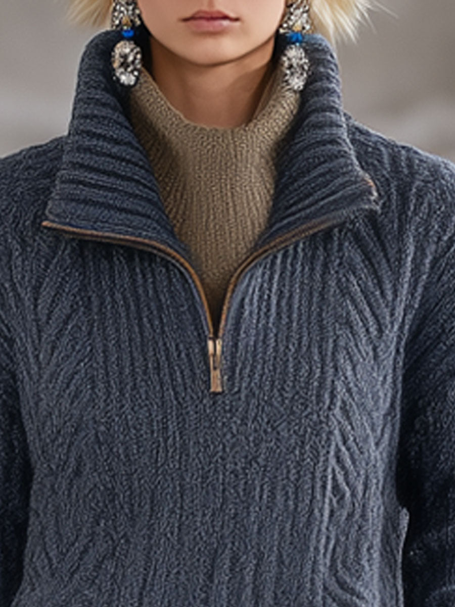 Fashion Retro Gray-Blue Knitted Cable Half-Zip Pullover