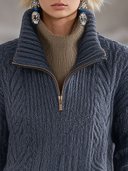 Fashion Retro Gray-Blue Knitted Cable Half-Zip Pullover