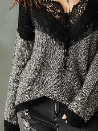 Fashionable Color-Block Lace-Trimmed Knitted Sweater