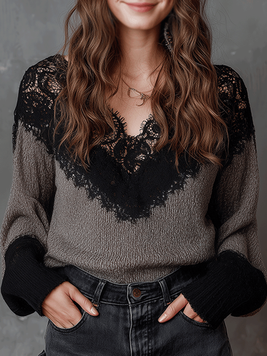 Fashionable Colorblock V-Neck Lace Knitted Sweater