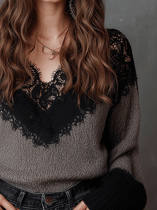 Fashionable Colorblock V-Neck Lace Knitted Sweater