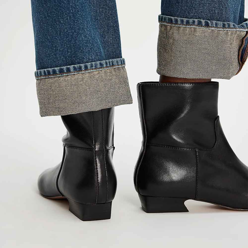 Fashion Black Block Low Heel Square Toe Ankle Boots with Zipper