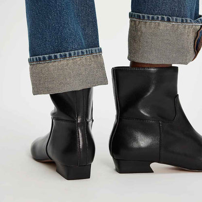 Fashion Black Block Low Heel Square Toe Ankle Boots with Zipper