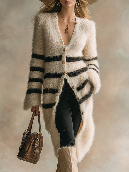 Elegant And Fashionable Off-white Striped Long-hair Knitted Dress Cardigan