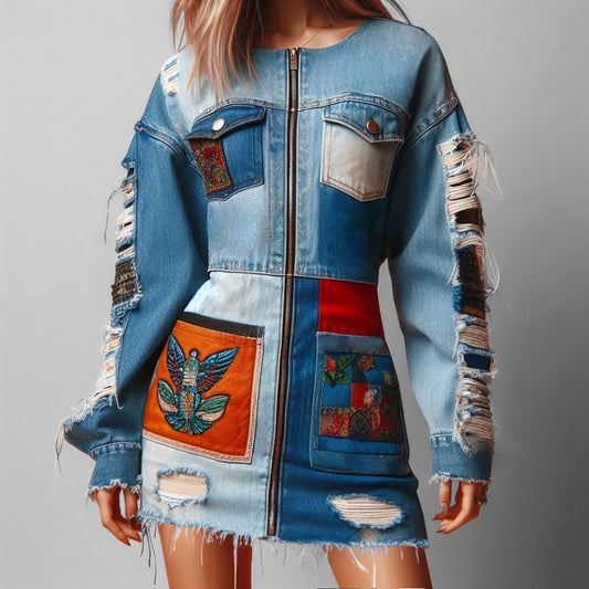 Fashion Patchwork Denim Ripped Chest Pockets Zip Up Mini Dress