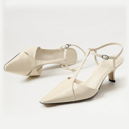 Elegant Ivory Pointed Toe T-Strap Chunky Heel Pumps for Women