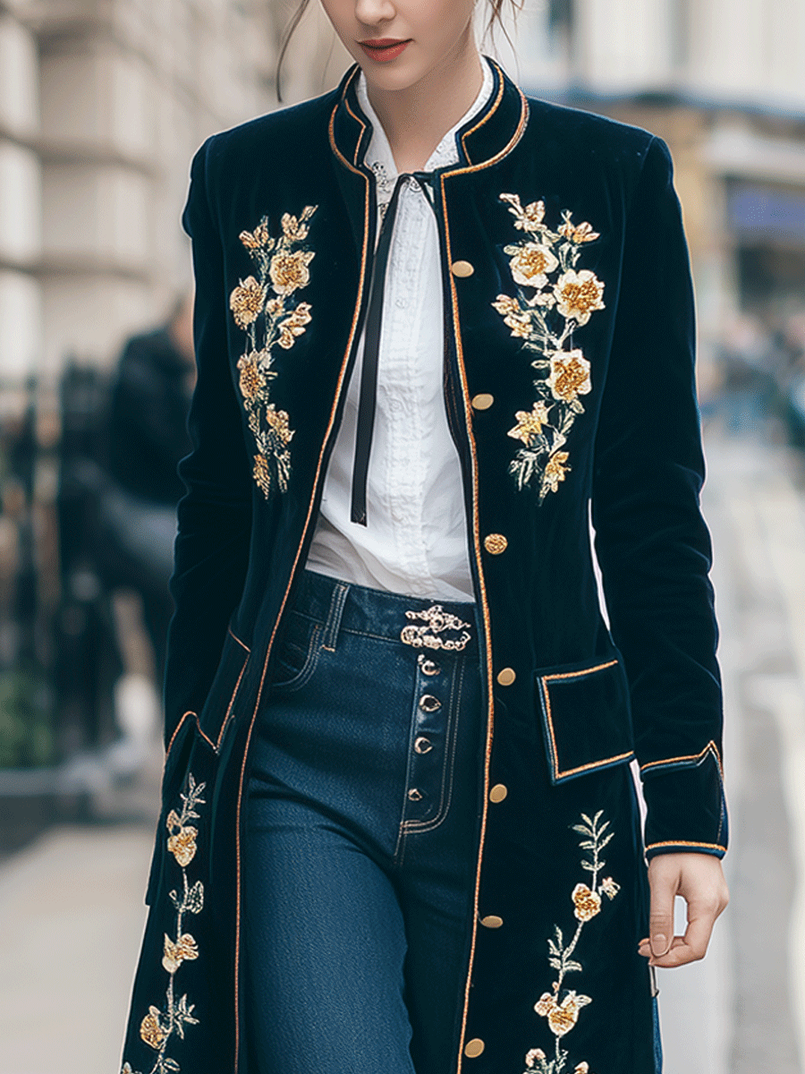 Elegant Baroque Navy Velvet Gold Floral Embroidery Long Coat