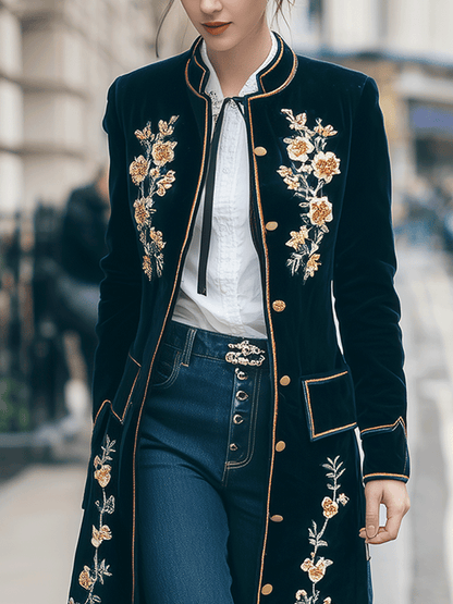 Elegant Baroque Navy Velvet Gold Floral Embroidery Long Coat