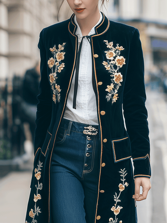 Elegant Baroque Navy Velvet Gold Floral Embroidery Long Coat