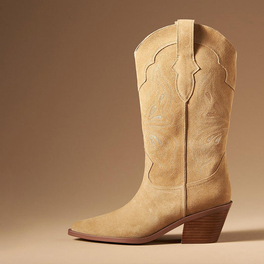 Beige Faux Suede Snip Toe Chunky Heel Mid-Calf Cowgirl Boots