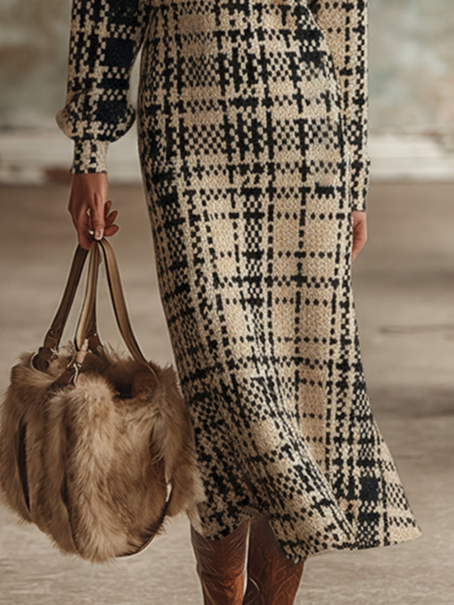 Elegant Khaki Plaid Tweed Faux Fur Collar Long Sleeve Maxi Dress