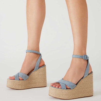 Denim Open Toe Ankle Strap Platform Espadrille Sandals with Wedges