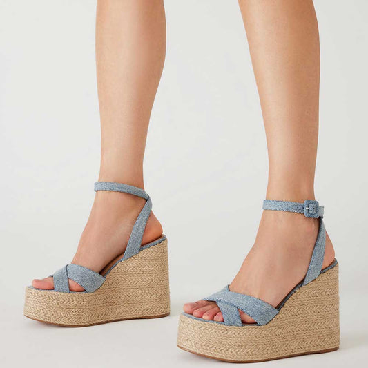 Denim Open Toe Ankle Strap Platform Espadrille Sandals with Wedges