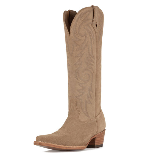 Faux Suede Snip Toe Embroidered Knee-High Tan Cowboy Boots for Women