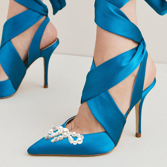 Elegant Pointed Toe Prom Heels Pearl Bow Decorated Lace Up Blue Pumps
