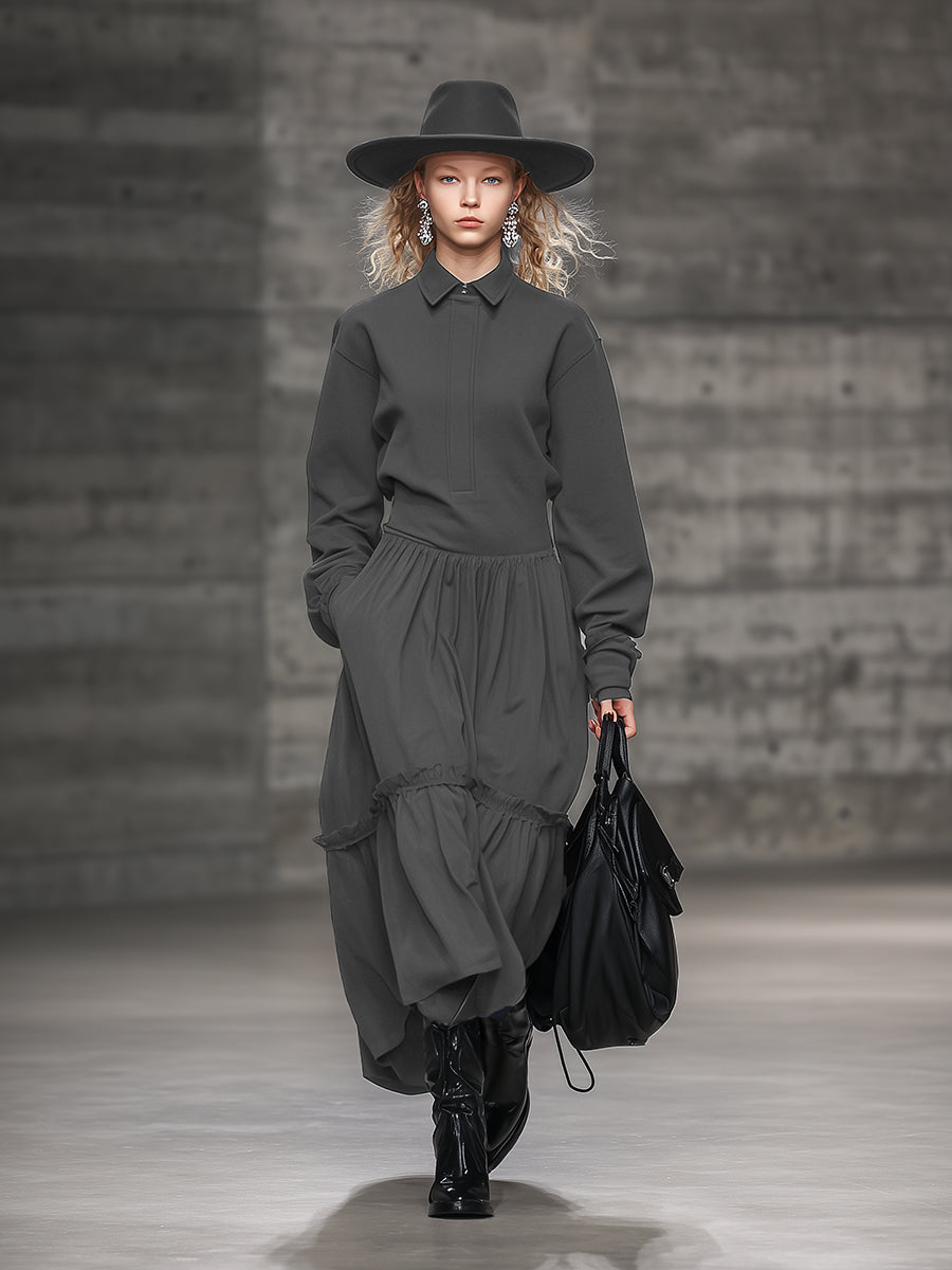 Fashionable Loose Sports Style Ruffle Lapel Gray Maxi Dress