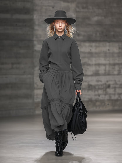 Fashionable Loose Sports Style Ruffle Lapel Gray Maxi Dress