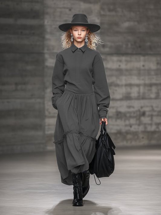 Fashionable Loose Sports Style Ruffle Lapel Gray Maxi Dress