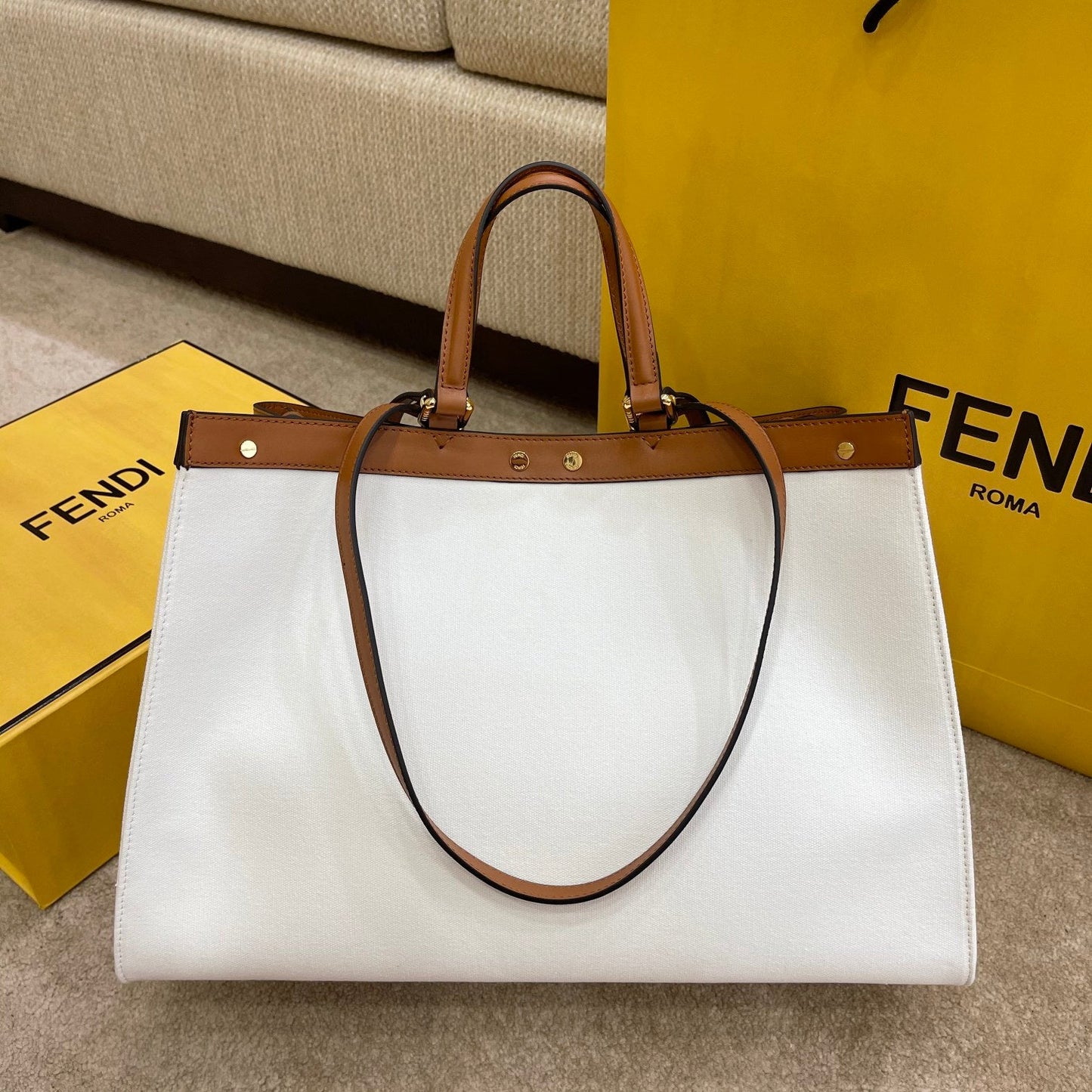 FI Peekaboo X-tote Bag White Canvas For Women, Handbags, Shoulder Bags 16.1in/41cm FF 8BH374