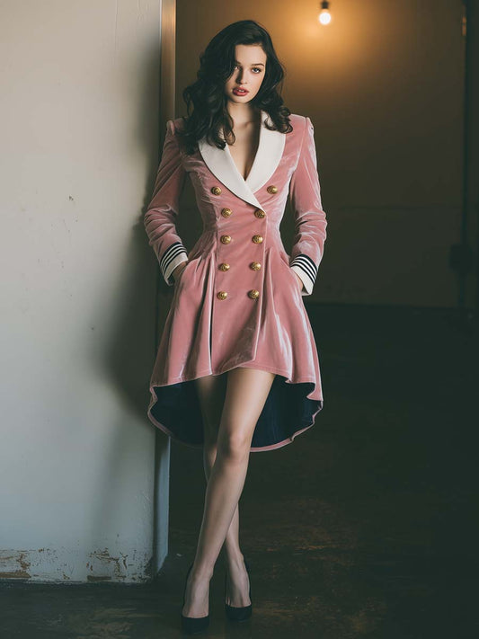 Exquisite Vintage Contrast Color V-neck Pink Velvet Short Front And Long Back Bubble Hem Mini Dress