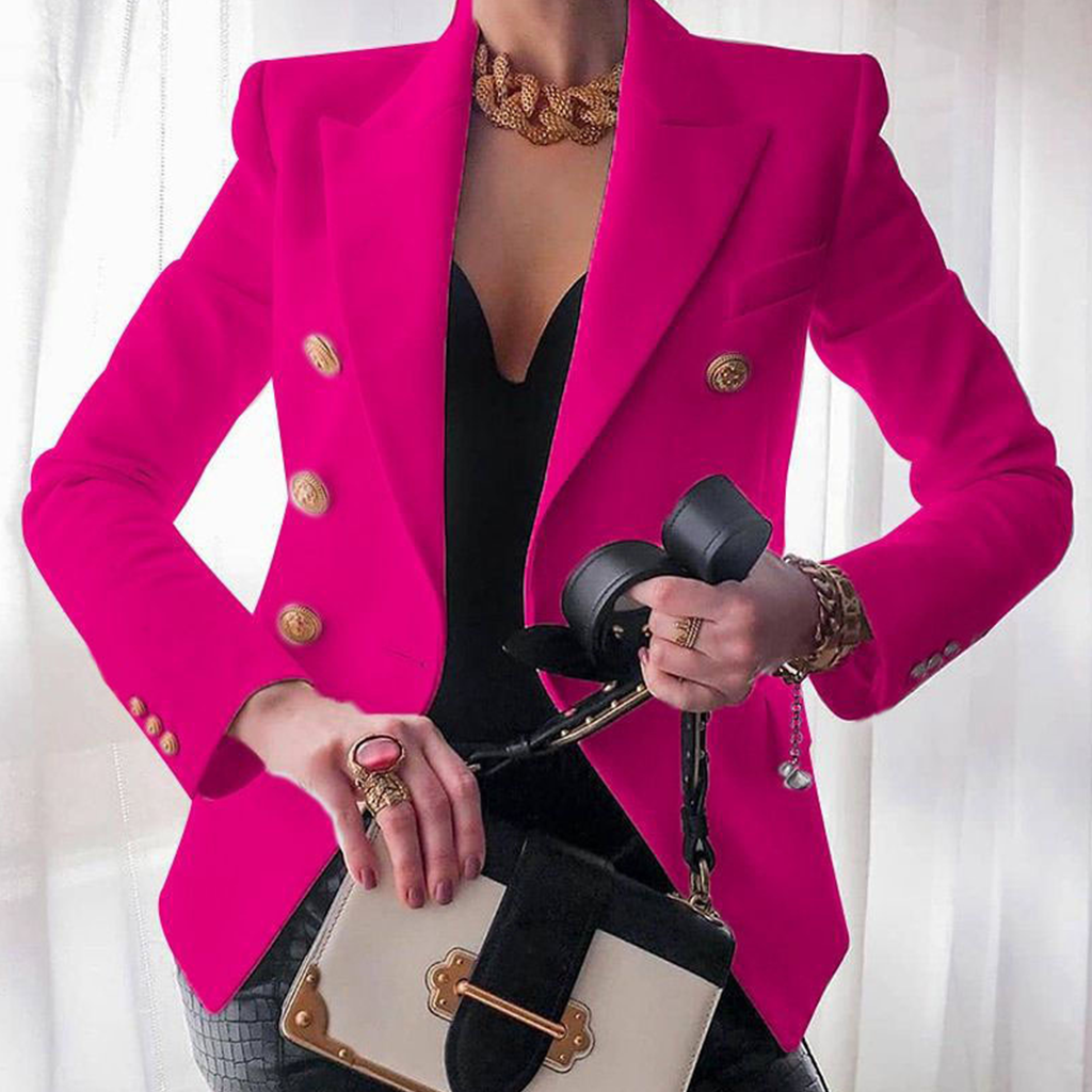 Formal Solid Double Breasted Long Sleeve Peaked Lapel Blazer