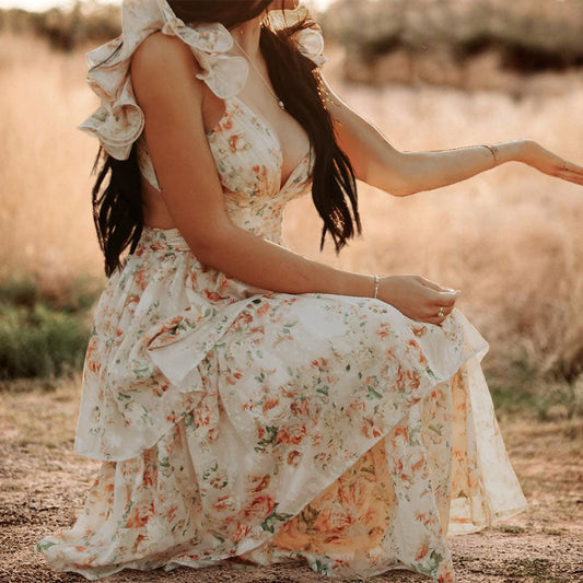 Floral Print V-Neck Ruffle Maxi Dress