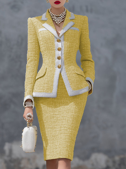 Elegant Yellow Blazer And Skirt Tweed Two-piece Suit